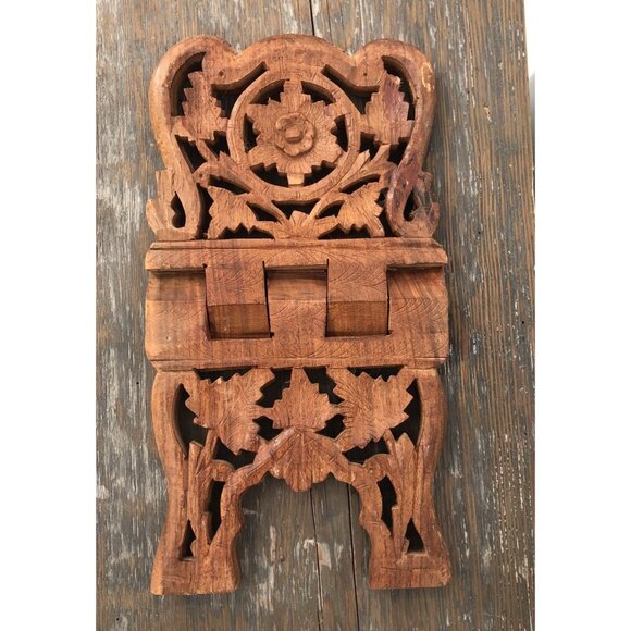 Carved Teak Wood Book Holder Stand Towels Napkins Cookbooks Vintage Floral Leaf - Picture 2 of 11